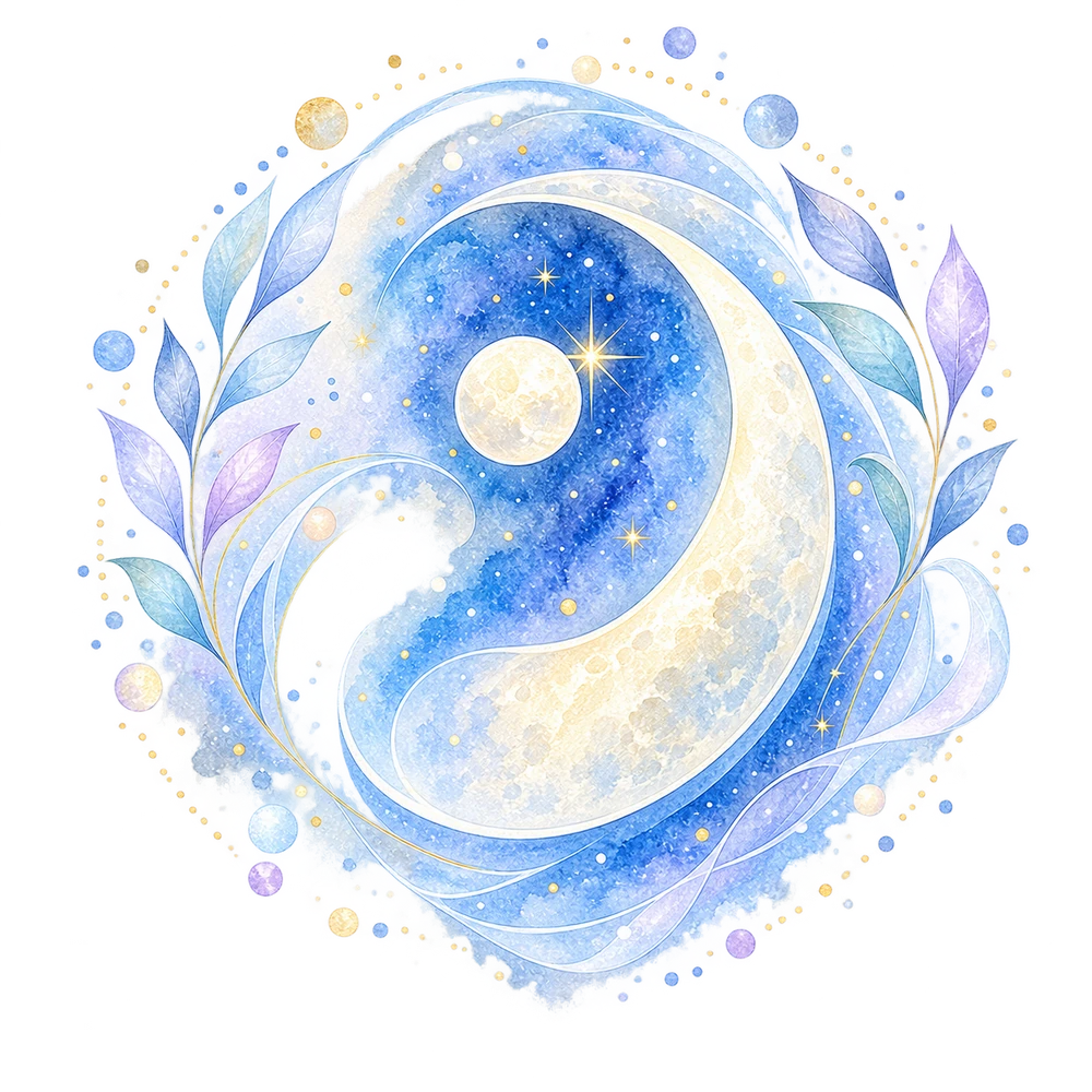 青とラベンダーの水彩と星に包まれた月の勾玉